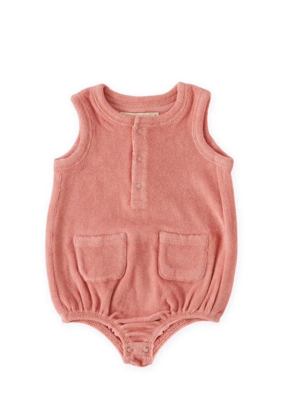 Coral Terry Sleeveless Baby Romper with Front Pockets